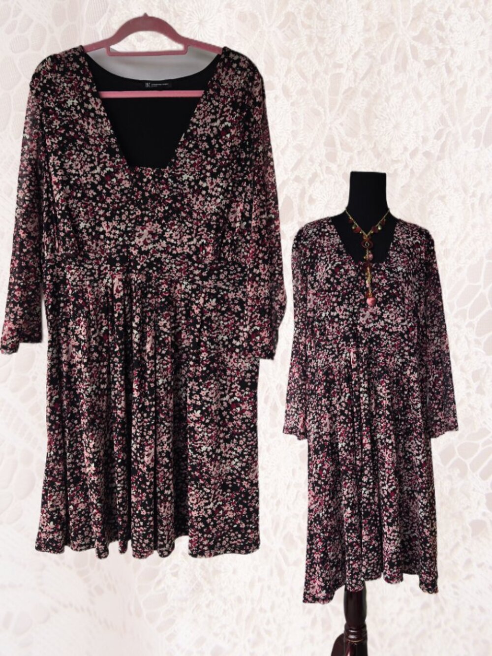 INC Long Sleeve Black Mesh Dress Pink Floral Ditsy Print